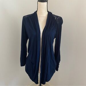 Floral Lace Open Front Cardigan size Medium‎ Dark Blue Whimsy Goth Office Jacket